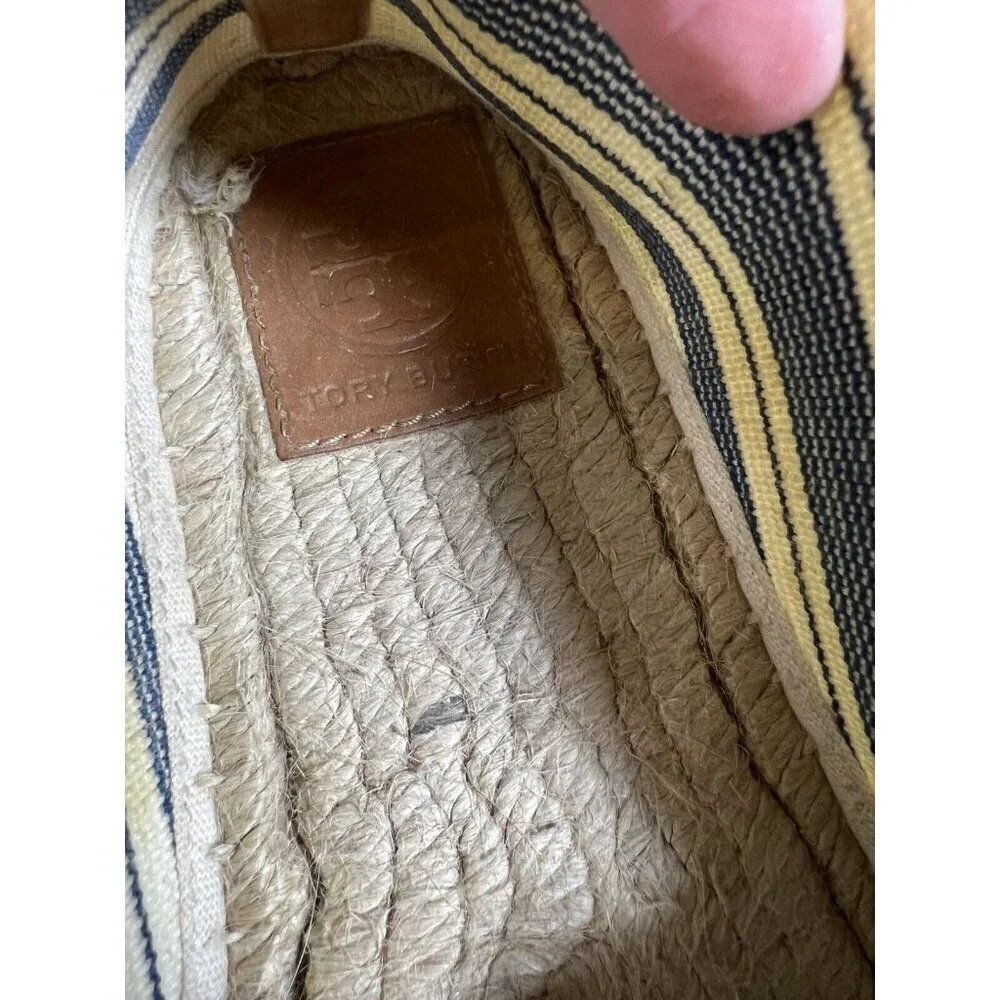 Tory Burch Beige Blue Striped Fabric‎ Espadrille Flat Slip-On Shoes 9.5 Designer